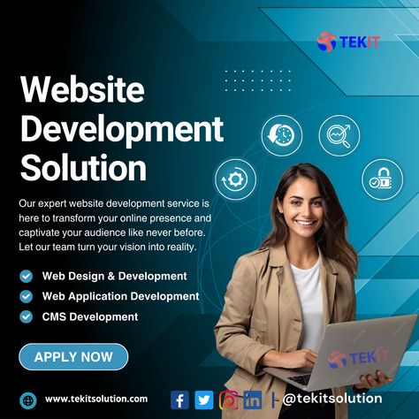 Website Development Solution  Our expert website development service is here to transform your online presence and captivate your audience like never before. Let our team turn your vision into reality.  Web Design & Development Web Application Development CMS Development Web Application Maintenance  Contact Us -  www.tekitsolution.com https://www.facebook.com/tekitsolution  https://www.instagram.com/tekitsolution/  https://www.linkedin.com/company/tekit-solution https://twitter.com/TekitSolution Dj Event, Design Identity, Web Application Development, Application Development, Post Design, Web Development Design, Web Application, Online Presence, Design Development