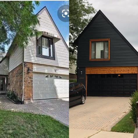 Black Brick House Wood Accents, Iron Ore Brick Exterior, Iron Ore Exterior House, Stained Brick, Painted Brick Exteriors, Vinyl Paint, Mid Century Modern Exterior, House Redesign, Home Exterior Makeover