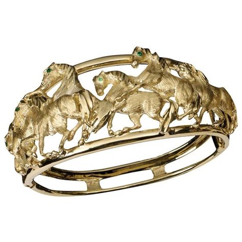 YG Six Horses Bracelet, Emerald Eyes ($14,000) ❤ liked on Polyvore Gold And Diamond Earrings, 18k Gold Bangle, Horse Bracelet, Emerald Eyes, Bangles Gold, Yellow Gold Bangle, Rings Accessories, Horse Jewelry, Luxury Earrings