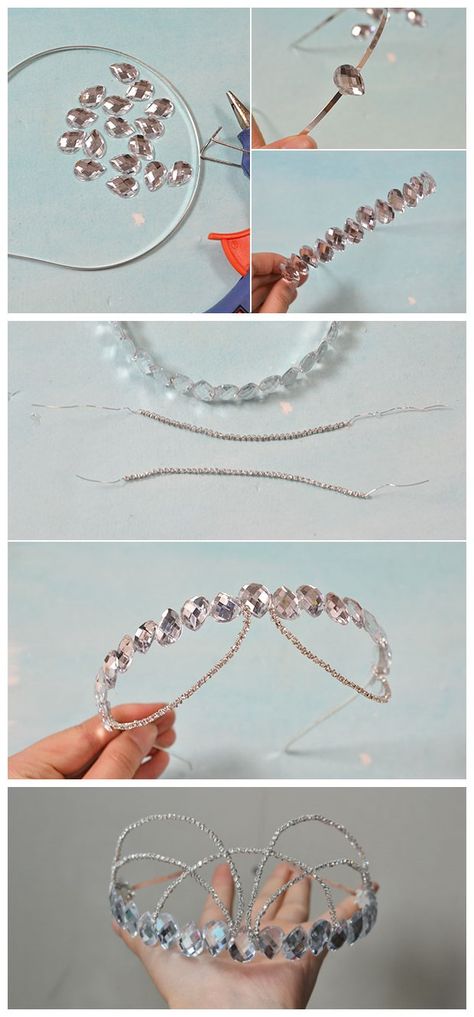 Diy Crystal Headband, Beaded Crown Diy, How To Make Accessories, Headband Ideas Diy, Beaded Headband Diy, How To Make Tiara, Beebeecraft Tutorials, Beaded Hair Accessories, Beaded Tiara