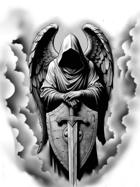 Warrior Angel Tattoo Men, Fantastic Tattoo, Dark Angel Tattoo, Angel Warrior Tattoo, Guardian Angel Tattoo Designs, Guardian Angel Tattoo, Archangel Tattoo, Warrior Drawing, Wings Drawing