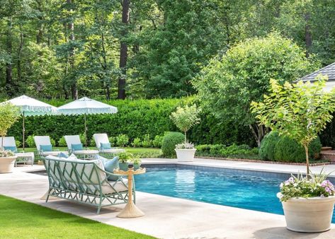 Outdoor living: Backyard Swimming Pools We Love - Garden & Grace Classic Pool Landscaping, French Pool Landscape, Formal Pool Landscaping, English Pool Landscape, European Pool Landscape, Cottage Pool Backyards, Backyard Retreat With Pool, English Cottage Pool, Pool With Brick Pavers