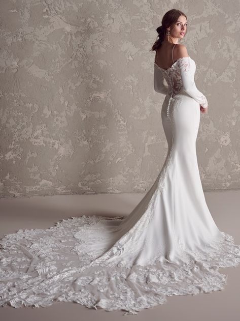 Long sleeve crepe bridal gown with sweetheart neck and intricate illusion lace back  Try this dress on at The Gown Gallery in Kansas City, MO! Frozen Themed Wedding, Wedding Gown Styles, Secret Squirrel, 2nd Wedding, Ivory Gown, Maggie Sottero Wedding Dresses, Flare Dresses, Frozen Themed, November Wedding