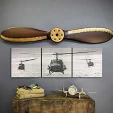 Huey Helicopter Triptych and Propeller Set Propeller Wall, Wall Art Idea, Wood Airplane, Rough Hewn Wood, Airplane Propeller, Old Barn Doors, Aviation Decor, P 51 Mustang, Nostalgic Art