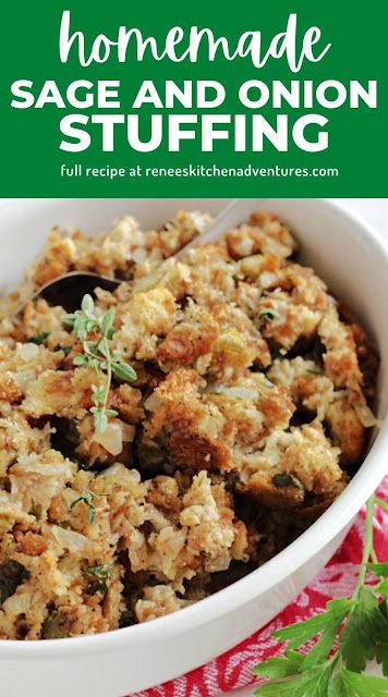 Sage and Onion Stuffing by Renee's Kitchen Adventures. Easy recipe for classic homemade sage and onion stuffing made from scratch. Make ahead directions included as well as cooking directions for stuffing in bird, in casserole dish, and in slow cooker!! Stuffing Vegan, Homemade Stuffing Recipes, Onion Stuffing, Easy Stuffing Recipe, Stuffing Thanksgiving, Sage And Onion Stuffing, Turkey Stuffing Recipes, Sage Stuffing, Dressing Recipes Thanksgiving