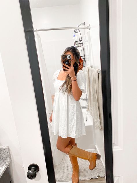 Semi Formal Dresses Country, Country Concert Dress Ideas, White Dress With Cowboy Boots, White Dress And Cowboy Boots, White Western Dress, Wallen Outfit, Barn Dance Outfit, Bandeau Top Outfits, Country Concert Dress