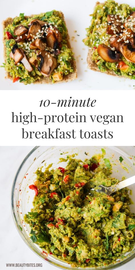 quick plant based breakfast idea! These savory vegan breakfast toasts are loaded with protein-packed chickpeas, mushrooms and spinach! They’re such an easy and delicious high-protein vegan breakfast! Savory Vegan Breakfast, Breakfast Toasts, High Protein Vegan Breakfast, Mushrooms And Spinach, Vegan Breakfast Easy, Prep Breakfast, High Protein Vegan Recipes, Healthy Vegan Breakfast, Vegan Brunch