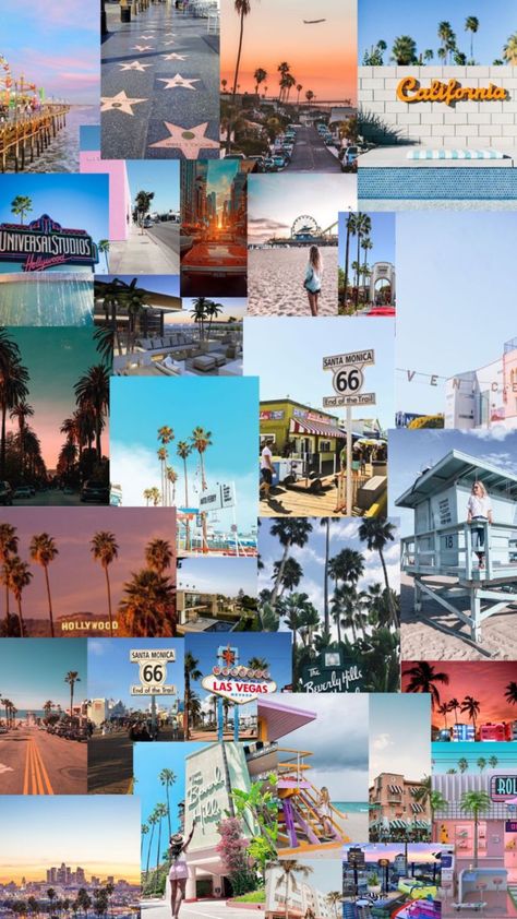 Travel Aesthetic Wallpaper Collage, Los Angeles Collage, Los Angeles Wallpaper, California Wallpaper, Los Angeles Aesthetic, Vision Board Collage, Poster Vintage Retro, Vision Board Wallpaper, Travel Picture Ideas