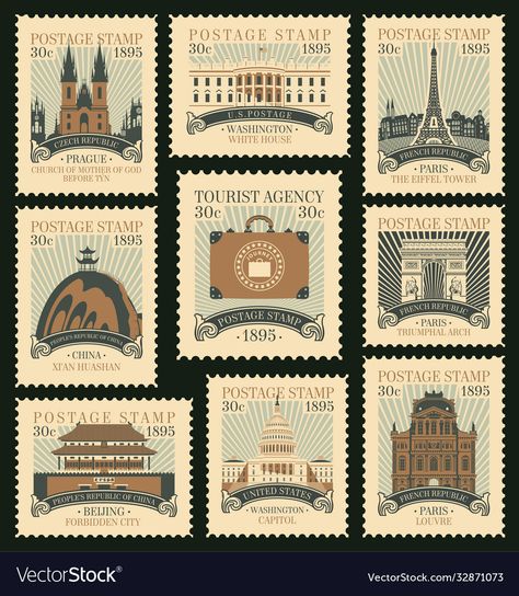 Vintage Travel Stamp, Postcard Stamps Vintage, Aesthetic Travel Stickers, Vintage Stamp Illustration, Old Stamps Vintage, Vintage Travel Aesthetic, Post Stamp Design, Aesthetic Stamps, Stamps Aesthetic