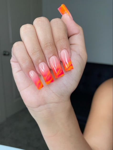 Ombre Nails Orange And White, Hot Pink And Orange Ombre Nails, Ombre Pink And Orange Nails, Red Orange Ombre Nails, Orange And Pink Ombre Nails, Nail Designs For Square Nails, Designs For Square Nails, Ombre Nails Orange, Square Ombre Nails