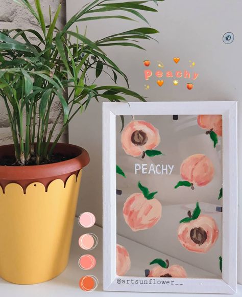 Peach glass with frame painting Painting On Bathroom Wall, Glass Frame Painting Ideas, Glass Frame Painting, Painting On Glass Frame, Mirror Paintings, Mirror Painting Ideas, Bathroom Outlet, Painted Mirror Art, Artwork Decor