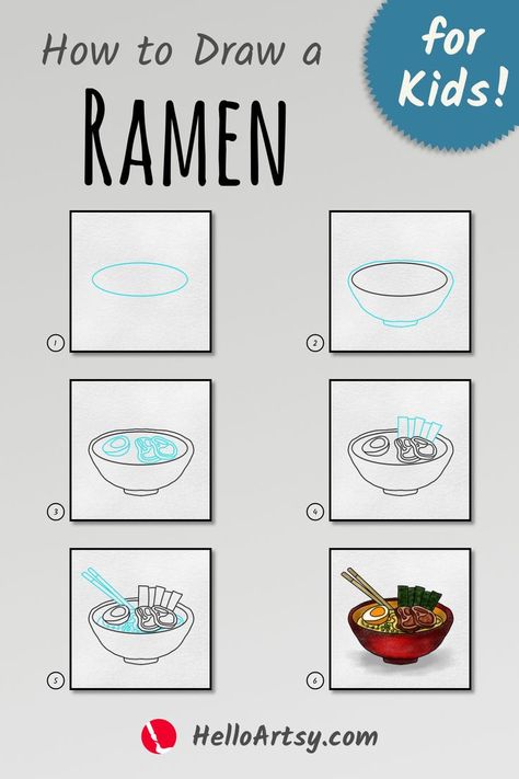 Draw ramen easy for kids. | how to draw ramen in 6 simple steps. | Follow along with each picture to create a how to draw ramen. Designed for kids who want to learn how to draw! Food Drawing Easy, Ramen Easy, Step By Step Sketches, Noodle Art, Easy Ramen, Drawing Lessons For Kids, Drawing Lesson, Easy Lessons, Hippie Painting