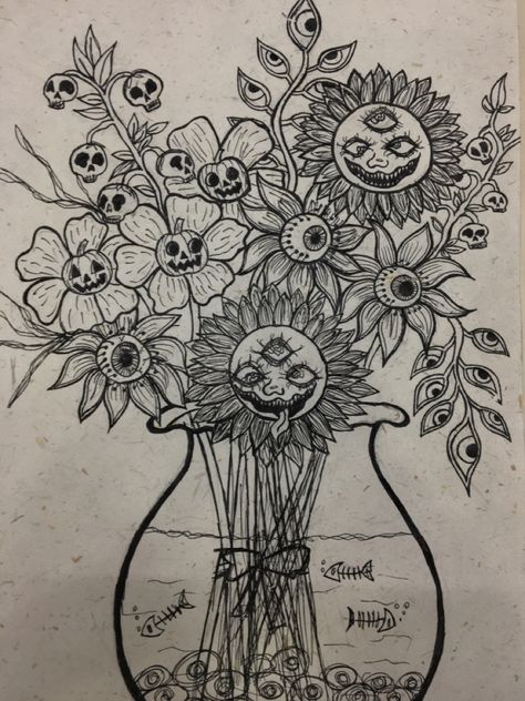 Scary Flowers Drawing, Plants With Faces Drawings, Creepy Sunflower Drawing, Horror Flower Drawing, Cool Sunflower Drawings, Sunflower Eye Drawing, Plant With Eyes Drawing, Plants With Eyes Drawing, Flower Monster Art