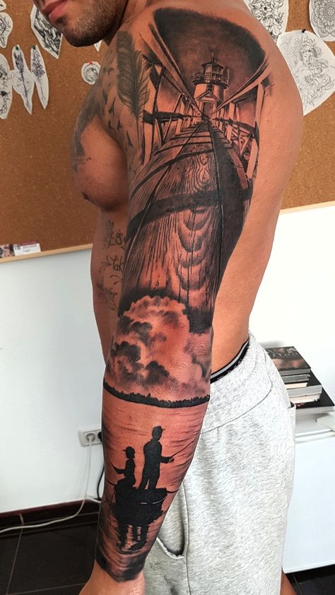 Fishing Leg Sleeve Tattoo, Mens Tattoos Arm, Fishing Tattoo For Men, Sean Tattoo, Sea Tattoo Sleeve, Arrow Forearm Tattoo, Fishing Tattoo, Lighthouse Tattoo, Sea Tattoo