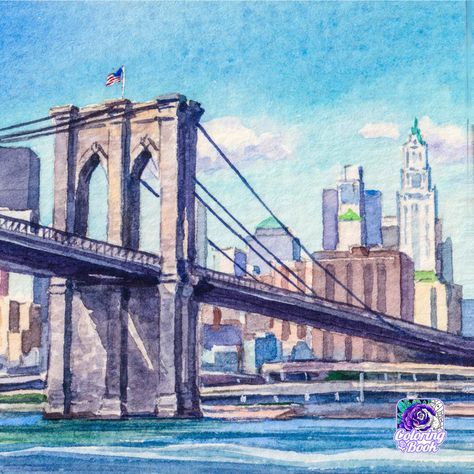 Brooklyn Drawing, New York City Painting Acrylic Easy, Bridge Art Paintings, New York City Watercolor Painting, Brooklyn Bridge Drawing, Brooklyn Bridge Watercolor, Bridge Drawing, Brooklyn Bridge Painting, Peach Art