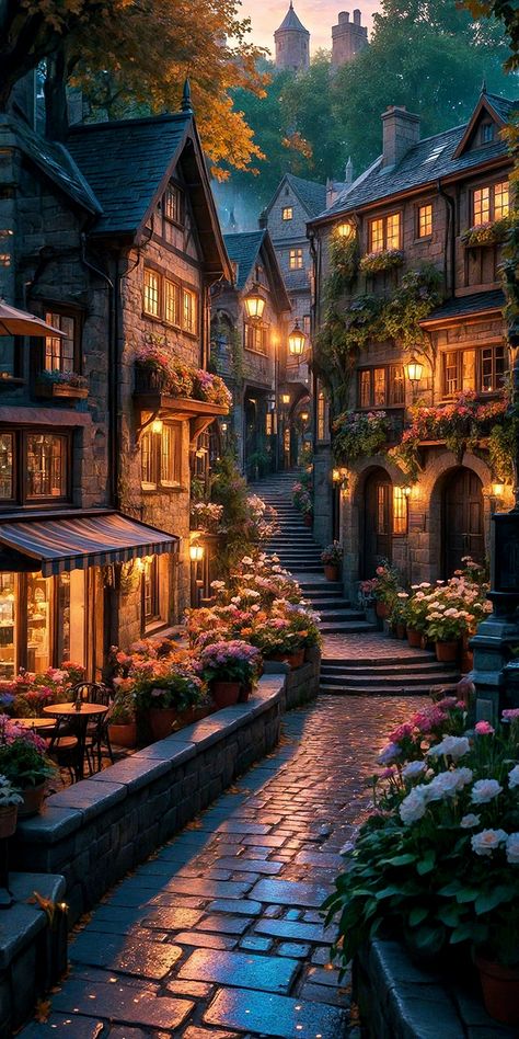 Village House Aesthetic, Cottage Core Village, Magical Village, Beautiful Settings, Imaginary Places, Fantasy Town, Stunning Architecture, Fantasy Homes, Autumn Scenes