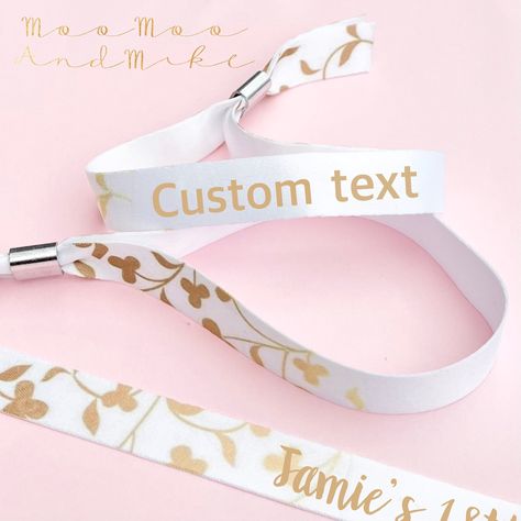 Personalised fabric wristbands | Gold leaf design | Add any text | Wedding wristbands | Festival wristband | removable wristband Wristbands Festival, Text Wedding, Gold Leaf Design, Rose Gold Party, Spelling And Grammar, Hen Do, Birthday Design, Wristbands, Leaf Design