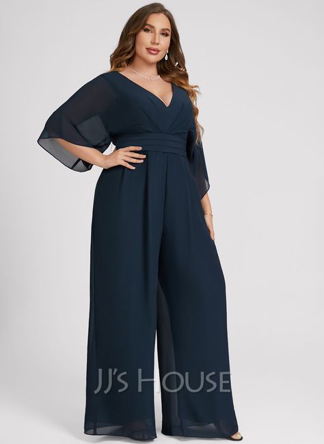 Jumpsuit/Pantsuit V-Neck Floor-Length Chiffon Evening Dress With Pleated (017275301) - JJ's House Jj House, Long Dress Design, Everyday Fashion Outfits, Chiffon Evening Dresses, Navy Wedding, Floor Length Dresses, Custom Dresses, Mother Of The Bride Dresses, Evening Dress