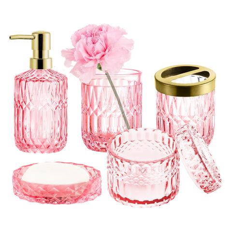 PRICES MAY VARY. Galss 【STURDY GLASS】: The bathroom accessories set features a retro design with a 95% tempered glass construction and 5% stainless steel accents, adding urability and aesthetics to the bathroom decoration. 【5PCS PINK GLASS BATHROOM SETS】:This set includes a soap dispenser , toothbrush holder, tumbler,cotton swab Jar, and soap dish, in a sleek design. It meets the needs of your bathroom storage and organization. 【BATHROOM DECOR】: Our bathroom accessory set, designed to add a retr Spa Room Ideas, Pink Bathroom Accessories, Glass Bathroom Accessories, Pink Bathroom Decor, Orange Bathrooms, Bathroom Accessories Set, Perfume Body Spray, Bathroom Idea, Spa Room