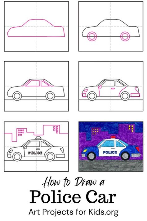 How To Draw Policeman, Drawing Cars Step By Step, How To Draw A Police Car, Easy Vehicle Drawing For Kids, Police Car Coloring Page, Car Drawing Easy, Snake Coloring Pages, Drawing Lessons For Kids, Cars Coloring Pages