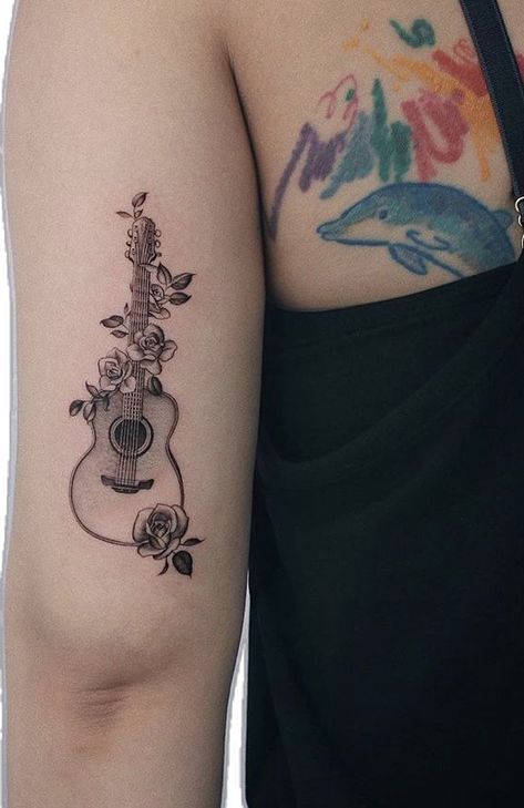 Pretty Guitar Tattoo, Acoustic Guitar With Flowers Tattoo, Guitar Butterfly Tattoo, Guitar With Roses Tattoo, Rose And Guitar Tattoo, Guitar And Piano Tattoo, Guitar Rose Tattoo, Feminine Music Tattoos, Ukulele Tattoo Ideas