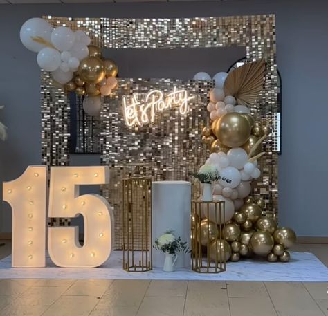 Golden Birthday Themes, Birthday Backdrop Design, Balloon Hacks, Shimmer Wall Backdrop, Beauty And The Beast Theme, Sequin Wall, Coin Photo, Bridal Shower Balloons, Shimmer Wall