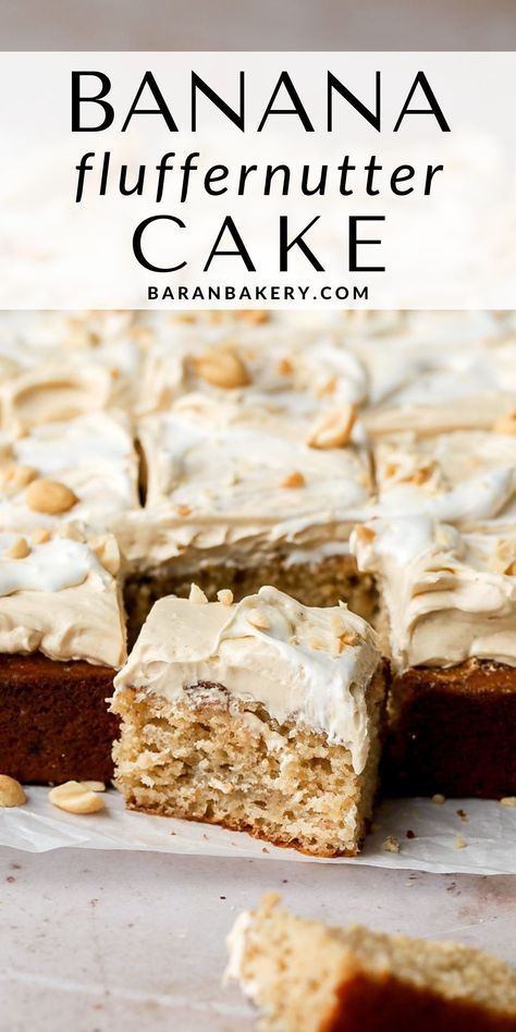 Banana Fluffernutter Cake is a banana cake with marshmallow fluff swirls and a peanut butter Swiss meringue buttercream… with more marshmallow fluff swirls and some lightly salted peanuts, of course! Banana And Marshmallow Dessert, Banana Marshmallow Desserts, Peanut Butter Marshmallow Fluff Bars, Marshmallow Fluff Uses, Marshmallow Cake Recipe, Recipes With Fluff, Fluffernutter Recipes, Fluffernutter Dessert, Recipes Using Marshmallow Fluff