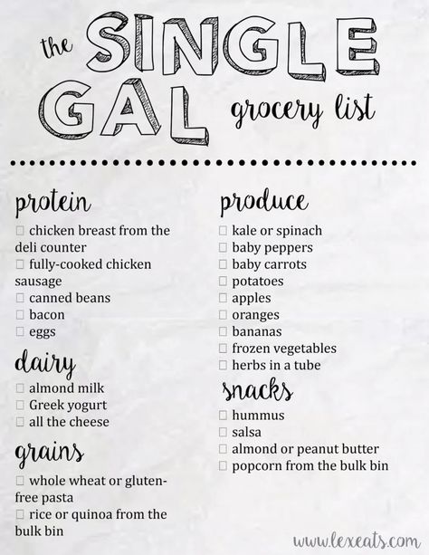 The Single Gal's Grocery List from lexeats.com. Don't waste food and don't get stuck with leftovers you won't eat! High Protein Grocery List Meal Prep, Healthy Grocery List On A Budget For One, Easy Grocery List For Two, How To Grocery Shop, College Grocery List, Budget Grocery List, Living On Your Own, Cheap Grocery List, College Grocery