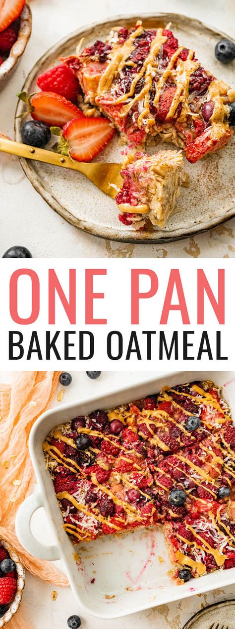 This one pan baked oatmeal went viral on TikTok for a reason. It requires 7 ingredients, comes together in one dish and has no added sugar! High Carb Hannah, Oatmeal Casserole, Overnight Oats With Yogurt, Oatmeal Granola, Berry Fruit Salad, Yogurt Bowls, Baby Meals, High Protein Breakfast Recipes, Prep Food