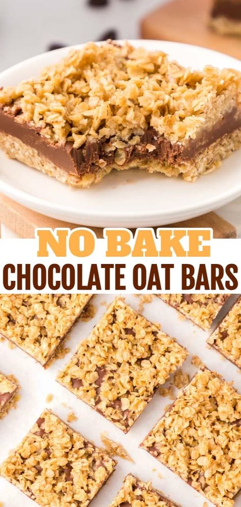 No Bake Chocolate Oat Bars are an easy 7 ingredient dessert recipe with layers of oats and a chocolate peanut butter center. Best Ever Chocolate Oatmeal No Bake Bars, No Bake Chocolate Oatmeal Bars Healthy, Easy No Bake Chocolate Oat Bars, No Bake Magic Chocolate Oat Bars, No Bake Chocolate Peanut Butter Oat Bars, Oats Peanut Butter Chocolate Chips, No Bake Chocolate Oat Bars, Healthy No Bake Oat Peanut Butter Chocolate Honey Bars, Chocolate Oat Bars