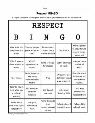 Respect Counseling Activities, Respect For All Week Activities, Bingo Ideas For Work, Activities For Respect, Week Of Respect Activities High School, Kindness And Respect Activities, Community Circle Activities, Character Counts Activities, Respect Worksheets For Kids