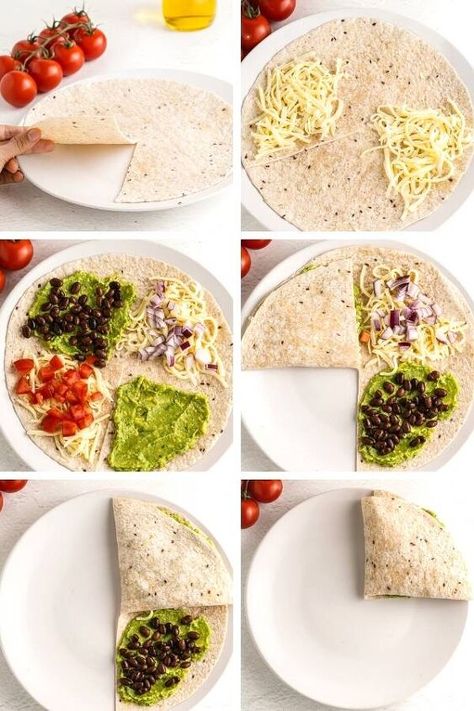 How to Make Vegetarian Quesadillas With Beans and Cheese How To Fold Quesadillas, Guacamole Dinner Ideas, Vegetarian Tortilla Recipes, Low Calorie Quesadilla Recipes, Tiktok Quesadilla, How To Make A Quesadilla, Low Calorie Quesadilla, Guacamole Quesadilla, Low Calorie Recipes Vegetarian