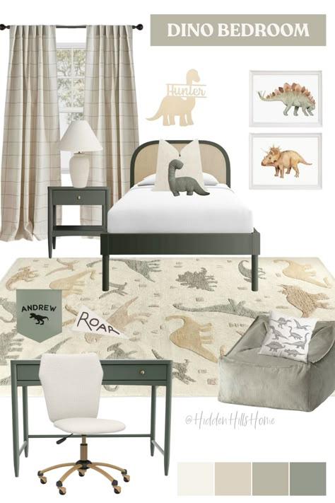 Dinosaur themed boys bedroom decor mood board! Dino boys room inspiration, boys room design with dinosaurs featuring a dinosaur rug, dinosaur pillows and dino artwork! Dino Inspired Bedroom, Dinosaur Big Boy Room, Dinosaur Boy Room Ideas, Big Boy Dinosaur Bedroom, Dinosaur Themed Toddler Room, Dinosaur Bedroom Toddler, Vintage Dinosaur Room, Little Boy Dinosaur Room, Boys Room Dinosaur Theme