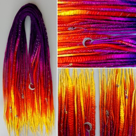 Sunset hair purple yellow orange smooth wool dreadlocks Sunset Braids, Yellow Hair Ideas, Dreads Inspiration, Purple Dreads, Braids Dreads, Dread Falls, Faux Dreads, Wool Dreadlocks, Yellow Hair Color