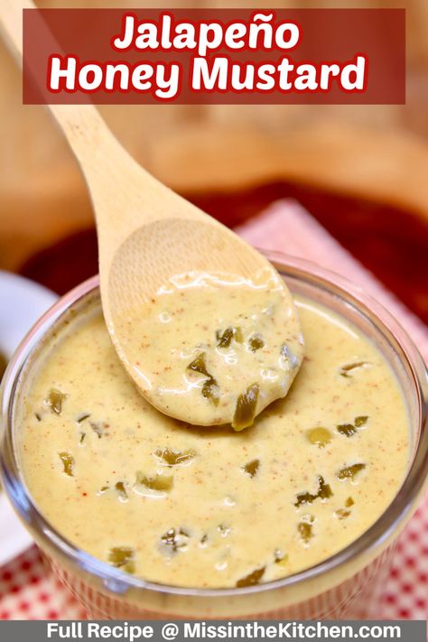 Jalapeno Honey Mustard is a quick and easy dipping sauce made in less than five minutes with a spicy kick. Great for dipping all of your favorites or use it as a sandwich spread. Jalapeno Honey Mustard Recipe, Jalapeno Dipping Sauce, Bbq Sauce Homemade Easy, Easy Dipping Sauce, Top Dinner Recipes, Fried Chicken Strips, Mustard Dip, Work Recipes, Spicy Dipping Sauce