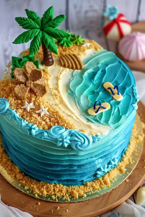 16 Creative Luau Cake Ideas For Your Next Party • 44th Bday Party Ideas, River Cake Ideas, Tropical Island Cake, Adult Beach Theme Party, Hawaiian Cake Design, Tropic Cake, Tropical Cake Ideas, Luau Cake Ideas, Girl Birthday Cake Ideas