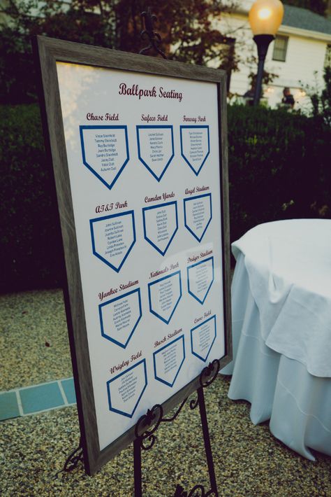 Check out this fun addition to their baseball wedding decor at Monte Verde Inn in Foresthill: a custom made ballpark seating chat created using 12 stadiums as table markers! For more baseball wedding ideas, check out Sacramento wedding photographers Dee and Kris Baseball Wedding Ideas, Softball Wedding, Baseball Themed Wedding, Baseball Table, Themed Wedding Ideas, Baseball Wedding, Table Markers, Baseball Theme Party, Monte Verde