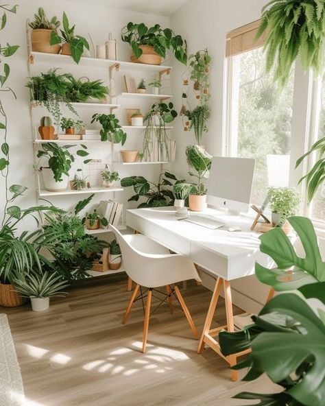 Boho Green Office, Indoor Plant Hacks, Open Concept Office, Boho Decor Ideas, Easy Indoor Plants, Interior Design Decor, Kitchen Interior Design, White Desk, Plant Hacks