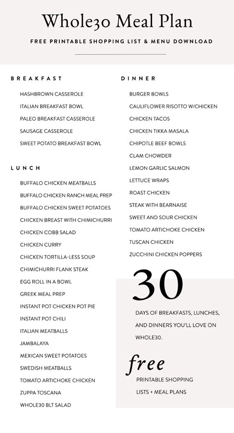 This Whole30 meal plan is 30 days of breakfast, lunch, and dinner, with proven, delicious, family-friendly recipes! You'll actually love Whole30 with this free printable meal plan with shopping lists. #whole30 #mealprep #recipe #cleaningeating Whole 30 Recipes Breakfast, Recipes Whole 30, Mealprep Recipe, Whole30 Meal Plan, Paleo Breakfast Casserole, Chili Dinner, Chicken Poppers, Lemon Garlic Salmon, 30 Diet