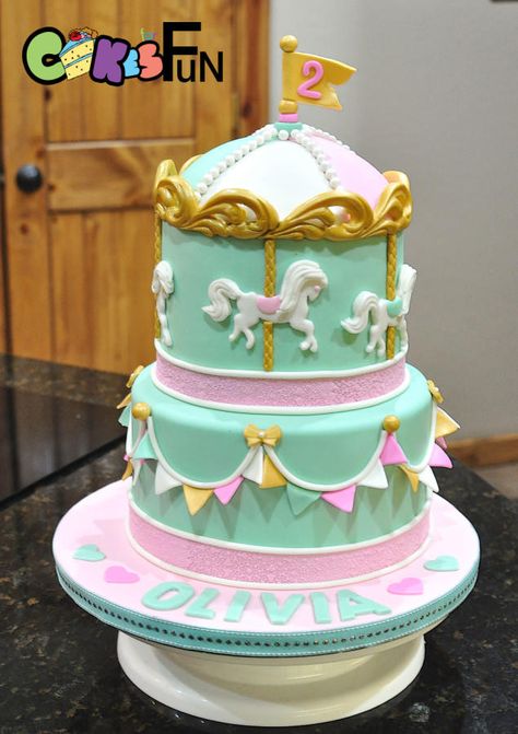 Merry-Go-round Cake - Cake by Cakes For Fun Merry Go Round Cake, Carnival Birthday Cakes, Carousel Baby, Carousel Birthday Parties, Carnival Cakes, Carousel Cake, Carousel Party, Circus Cake, Carousel Birthday