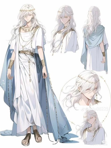 Greek Character Design, Fantasy Fashion Male, Angelic Outfits, Greek Outfit, Ancient Greek Clothing, God Clothes, Long White Hair, Art Outfit, Angel Outfit