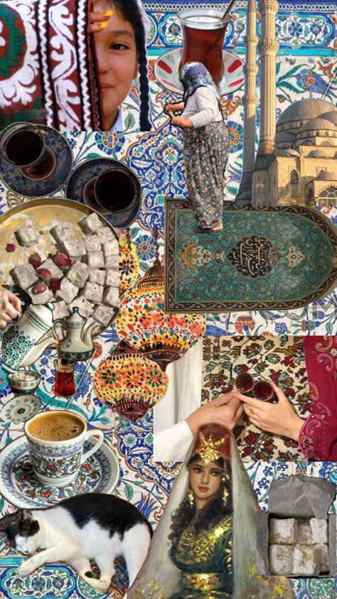 Pictures of Turkish culture that include a mosque, cat, ottoman woman, Turkish tea, turkish coffee, turkish delight, a person pouring tea Turkish Interior Design, Turkish Interior, Turkish Aesthetic, Asia Aesthetic, Turkey Culture, Tropical Aesthetic, College Walls, Turkish Culture, Color Palate