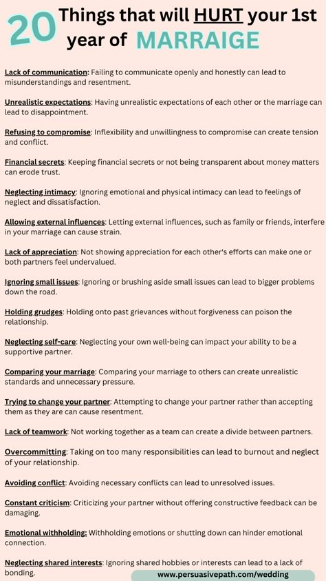 Embarking on the journey of a lifetime? 💍💒 Your first year of marriage is crucial, and we've got you covered with this must-see list of 20 things to avoid! 🛑💔 Learn from the experiences of others and protect your precious bond! 💪💖 Discover the pitfalls that could threaten your marital bliss and proactively create a strong foundation together! 🌟 Don't let these mistakes ruin your love story! ❤️📌 #MarriageTips #RelationshipAdvice #HappilyEverAfter" Marriage To Do List, Pre Relationship Things, Things To Ask Before Marriage, 1st Year Of Marriage Quotes, Before Marriage Things To Do, Marriage Expectations List, Marriage Boundaries List, How To Save Your Marriage, Pros And Cons List Relationship