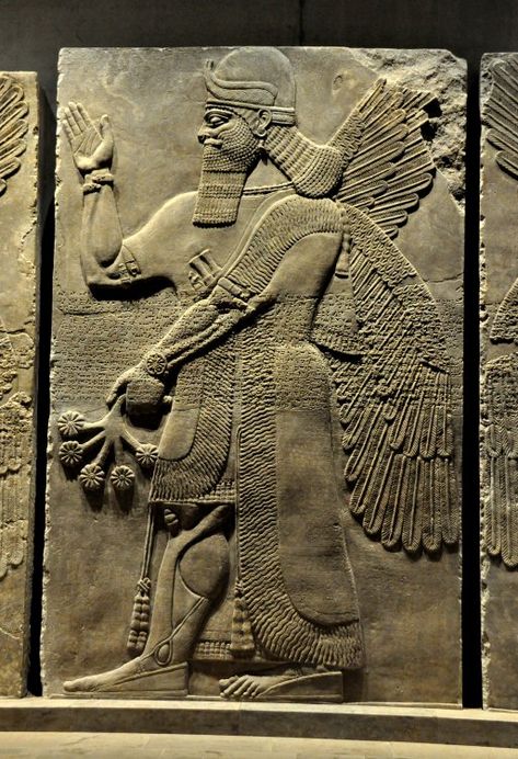 This is an alabaster bas-relief depicting a standing human-headed and winged sage or genie, Apkallu, a protective spirit. He wears a horned helmet, elaborate dress, and marvellous accessories. Neo-Assyrian Period, 9th century BCE. From the North-West Palace at Nimrud. (State Museum of Egyptian Art in Munich, Germany) Ancient Sumer, Ancient Babylon, Ancient Sumerian, Cradle Of Civilization, Ancient Near East, Ancient Persia, Ancient Mesopotamia, Ancient Persian, Egypt History