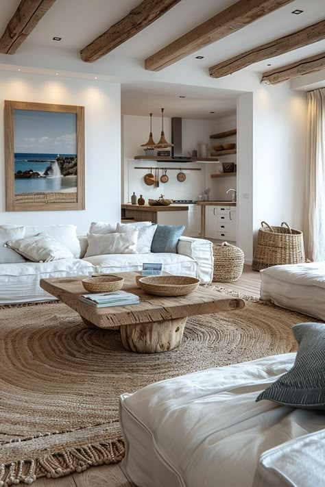 Beach House Small Living Room, Modern Beachy Dining Room, Beachy Home Decor Living Room, Coastal Cabin Living Room, Industrial Coastal Living Room, Italian Beach House Interior Design, Minimalist Coastal Home, Coastal Mid Century Modern Living Room, Coastal Interior Design Living Room