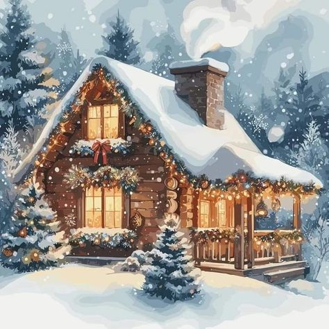 Christmas Landscape, Days Till Christmas, Winter Cabin, Winter Scenery, Winter Pictures, Christmas Scenes, Christmas Drawing, Snow Winter, Art Kits