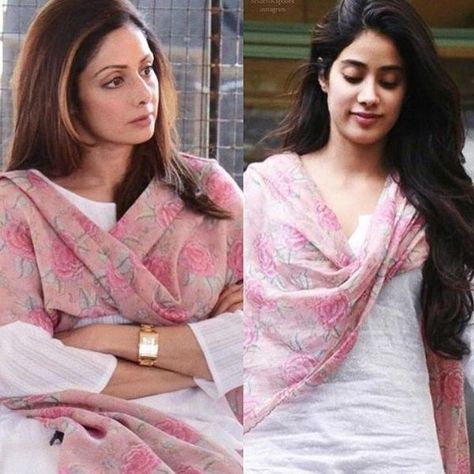 This picture of Janhvi Kapoor wearing her mom Sridevi's dupatta will melt your heart. Dupatta Style, Indian Sari Dress, Anarkali Dress Pattern, Fest Outfits, Janhvi Kapoor, Simple Kurti Designs, Dress Salwar Kameez, Stitching Dresses, Casual Indian Fashion