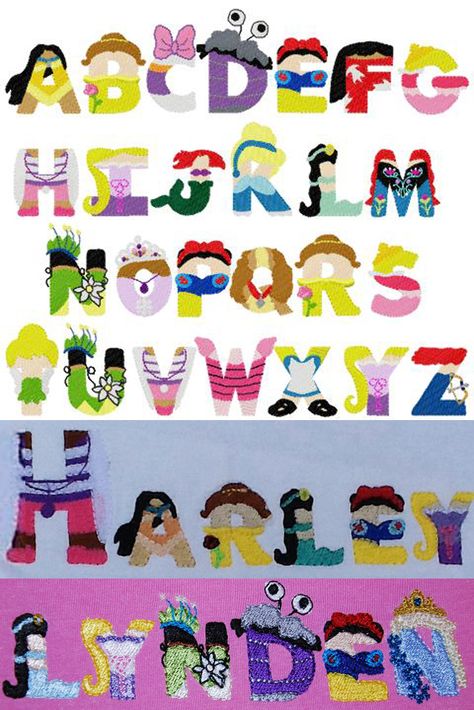 Disney Princess Letter, Alphabet Disney, Princess Embroidery, Disney Letters, Disney Alphabet, Character Letters, Disney Rooms, Disney Embroidery, Embroidery Letters