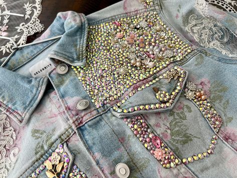 Beautiful shabby Chic  vintage style denim floral rose jacket with Rhinestone embellishments roses, lace ... available in sizes small to  1x Bedazzled Jeans, Denim Diy Clothes, Boho Chic Accessories, Rose Jacket, Lace Jeans, Embellished Denim Jacket, Denim And Diamonds, Embellished Denim, Rose Vintage