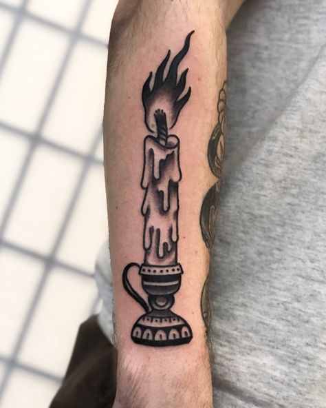 Traditional Candle Tattoo, Candle Tattoo Design, Wrist Band Tattoo, Traditional Hand Tattoo, Traditional Black Tattoo, Traditional Tattoo Inspiration, Candle Tattoo, Flame Tattoos, Music Tattoos